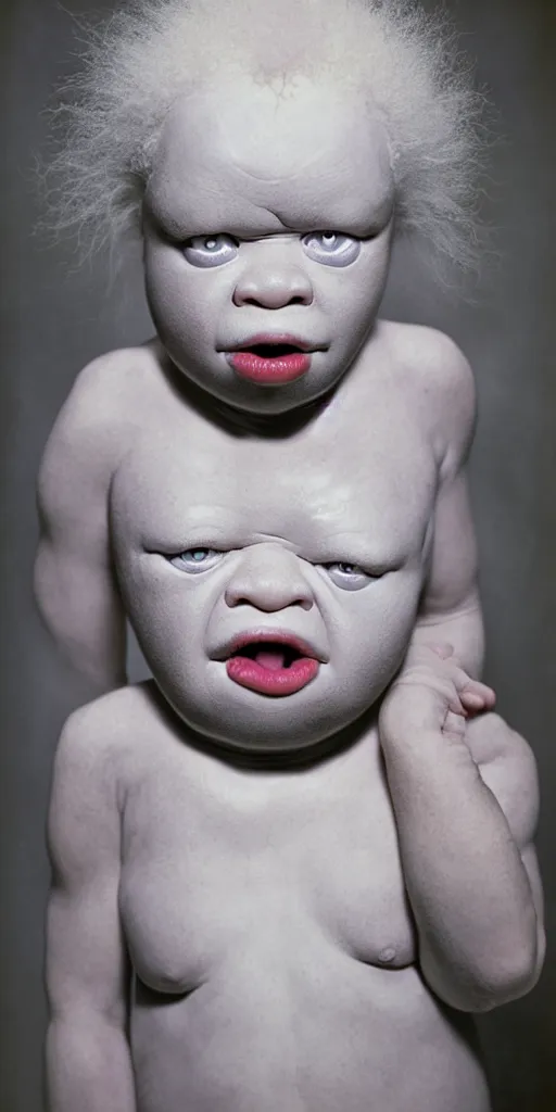 Image similar to award winning photo of african albino baby, dark colors, scary, symmetrical face, beautiful eyes, studio lighting, wide shot art by sally mann & arnold newman & h. r. giger