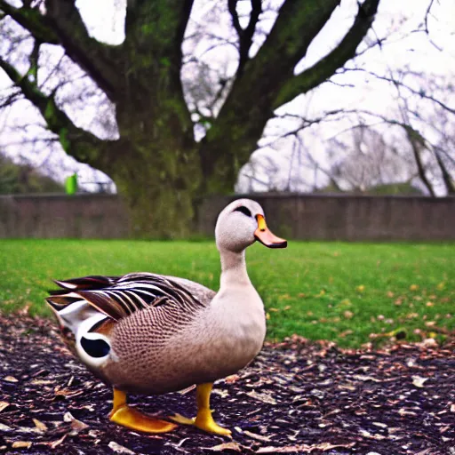 Prompt: duck in park, has skin of cabbage