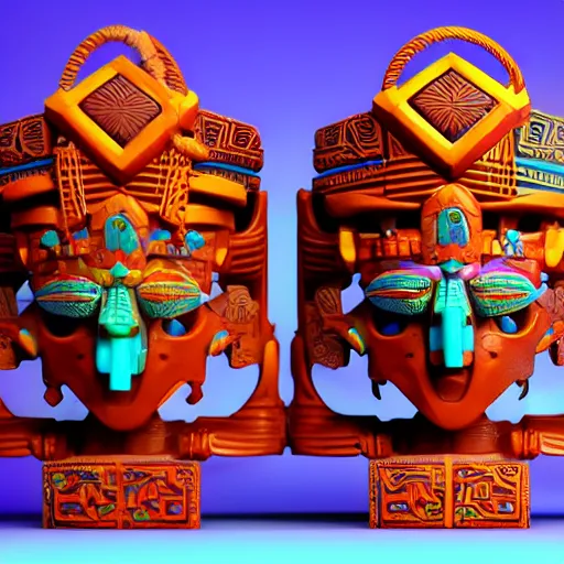 Prompt: closeup 3 d toy aztec gods as funco toy, plastic, sss, octane 4 k render, studio lighting, artstation, cyan photographic backdrop, 8 5 mm, f 2. 8 aperture