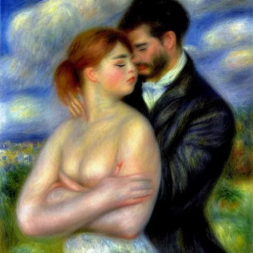 Image similar to in the style of Pierre-Auguste Renoir, I dreamt that we left all the pain and sorrows behind. We looked into our eyes as we placed our hands on each other’s chest, and all the love and happiness that had been dampened by our wounds emerged like a sprout. It felt like home. Our bodies were covered by soothing colors. Blue, violet, pink and white rays of light caressed our hearts, and suddenly, we were one. It was always meant to be that way, even though our heads tried to fool us in the past. We were one. ethereal lights, details, smooth, sharp focus, illustration, realistic, cinematic, artstation, award winning, rgb , unreal engine, octane render, cinematic light, macro, depth of field, blur, red light and clouds from the back, highly detailed epic cinematic concept art CG render made in Maya, Blender and Photoshop, octane render, excellent composition, dynamic dramatic cinematic lighting, aesthetic, very inspirational, arthouse.