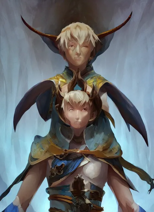 Image similar to concept art painting of an elf with brown skin and short white hair, demon horns, blue tunic and robes, detailed, d & d style, cel shaded, in the style of ruan jia and artgerm and makoto shinkai and james gurney