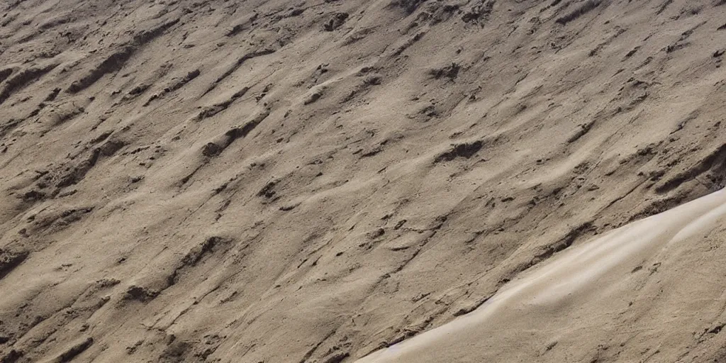 Prompt: wind blown sand, ravines crisscross cliffs