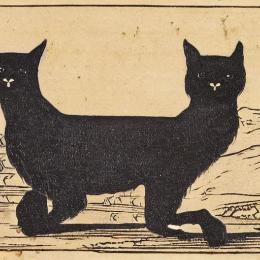 Image similar to 19th century woodcut, two black cats sitting on the back of a llama in the Andes