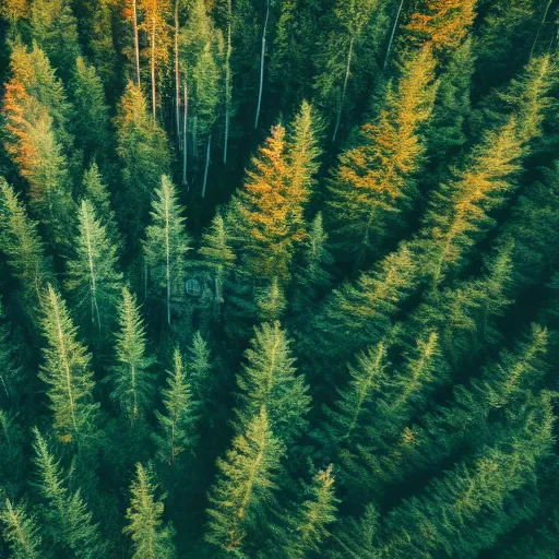 Image similar to a drone shot of a forest, dusk, slightly foggy, grainy footage,