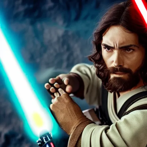 jesus christ holding a lightsaber and fighting for the | Stable Diffusion