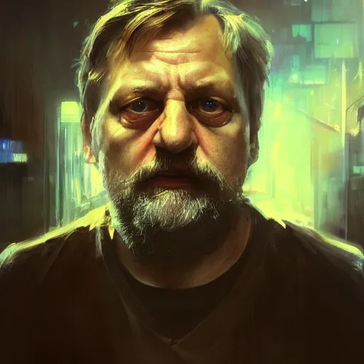 Image similar to slavoj zizek, hyperrealistic portrait, bladerunner street, art of elysium by jeremy mann and alphonse mucha, fantasy art, photo realistic, dynamic lighting, artstation, poster, volumetric lighting, very detailed face, 4 k, award winning