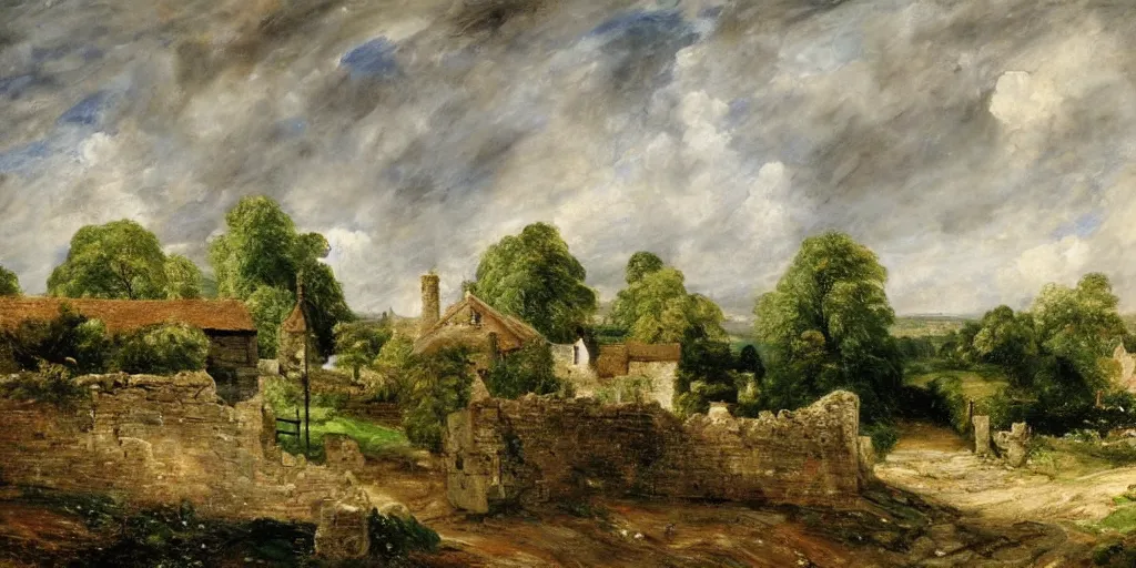 Image similar to a beautiful landscape painting of a quaint english countryside with a stone wall and gate, by john constable, oil on canvas, highly detailed, hd, 4 k