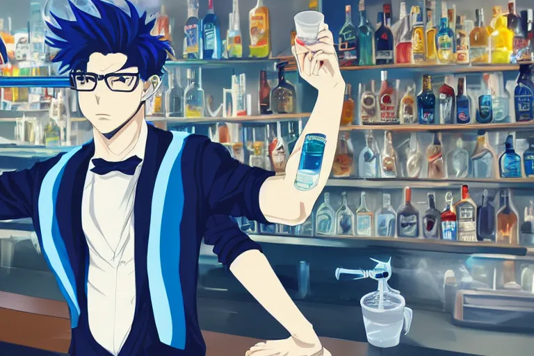 Image similar to anime portrait of a bartender guy with messy blue hair mixing drinks, trending on artstation, dynamic pose perspective, moody, detailed facial features, sharp focus, cel shaded