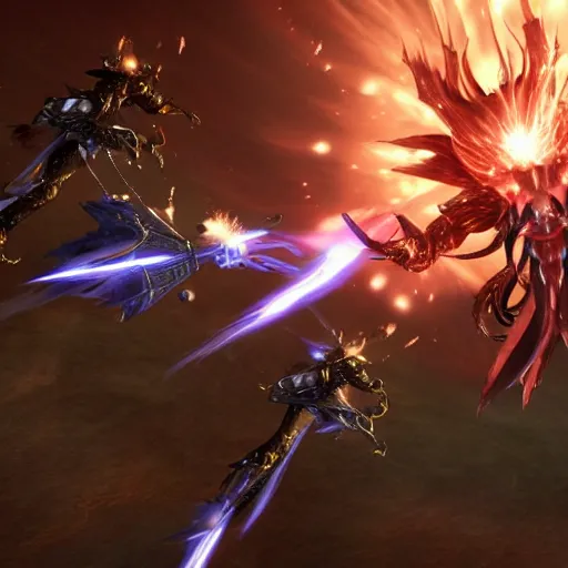 Prompt: final fantasy eidolons bahamut, alexander, shiva, and ifrit in space fighting each other