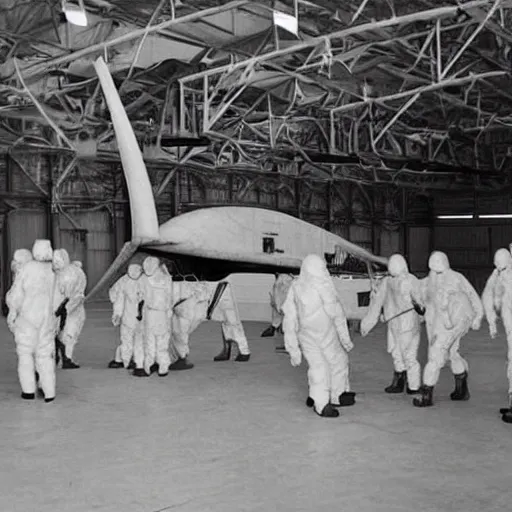 Image similar to an alien ship inside a hanger, old photo, vintage photo, grainy, realistic, real photo, men in hazmat suits standing around