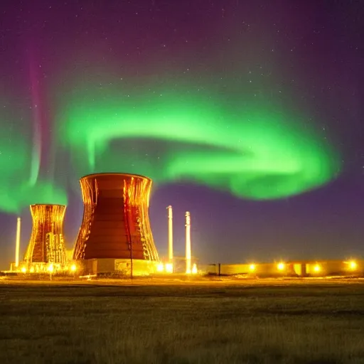 Prompt: northern lights shining over the chernobyl nuclear reactor