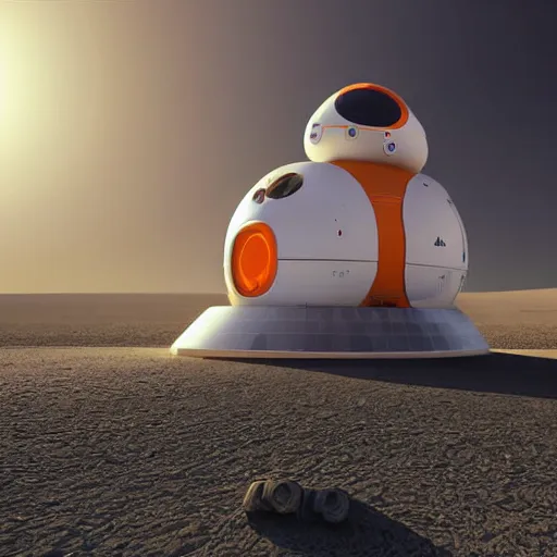 Image similar to a Space X design inspired, white colored, tall rounded rectangular shaped multi-level cargo personnel planetary transport vehicle with orange accents, wires and tubes, communication systems, antennas, on top is a hemisphere shaped life support pod, stairs, off road wheels, on a flat desert planet, sunlight, dramatic contrasting light, high quality, 3D render, long shot, clear blue sky, detailed