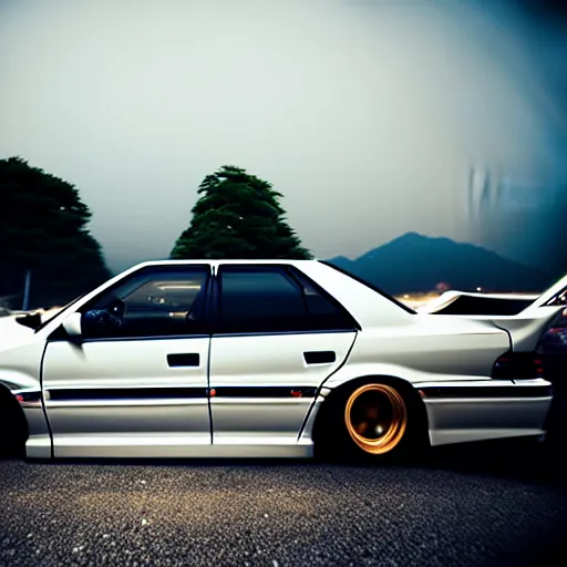 Prompt: a car JZX100 turbo drift at illegal car meet, Kanagawa prefecture, city midnight mist lights, cinematic color, photorealistic, highly detailed wheels, 200MM