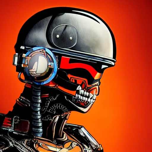 Image similar to a portrait of an cyborg skull fighter pilot wearing a helmet, vampire teeth, in an orange racing helmet by sandra chevrier, detailed render, epic composition, cybernetics, 4 k realistic, cryengine, realistic shaded lighting, sharp focus, masterpiece, by matteo scalera, gary montalbano, peter elson in the style of the tokyo ghost comic