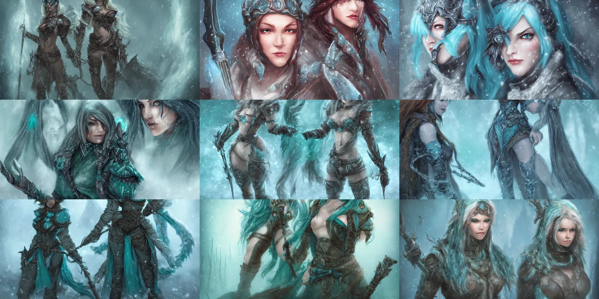 Prompt: womanly fantasy hunter in icewind dale, bagshaw art style, falling snow, perfect symmetrical facial features, misty, fog, masterpiece, teal palette, curvy and bow, finely masked