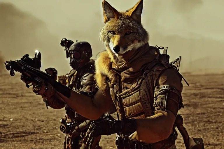 Image similar to a good ol'coyote fursona ( from the furry fandom ), heavily armed and armored facing down armageddon in a dark and gritty version from the makers of mad max : fury road. witness me.