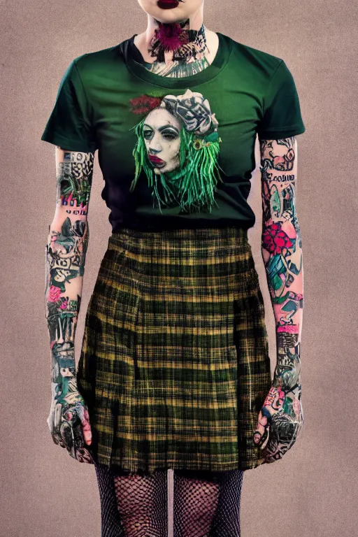 Prompt: upper body portrait hannah murray as a punk woman with green mohawk, covered in neotraditional style tattoos, wearing a bold tees shirt, fishnets and a long tartan skirt, intimidating, max details, hyperrealistic, photorealistic, ultra - realistic, ultra - detailed, cinematic, 8 k resolution by alan lee