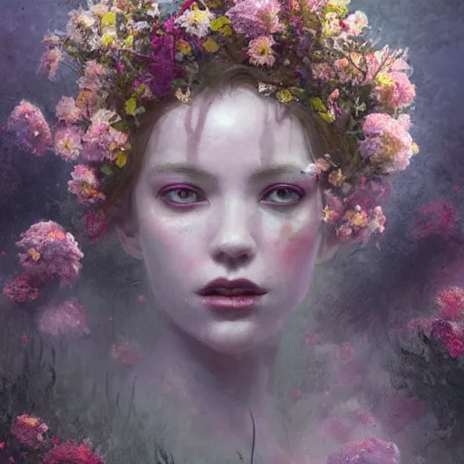 Image similar to a beautiful terrifying girl made of flowers. ethereal horror fantasy art by greg rutkowski and magali villanueve and monet, concept art, smooth, cinematic lighting, 8 k resolution