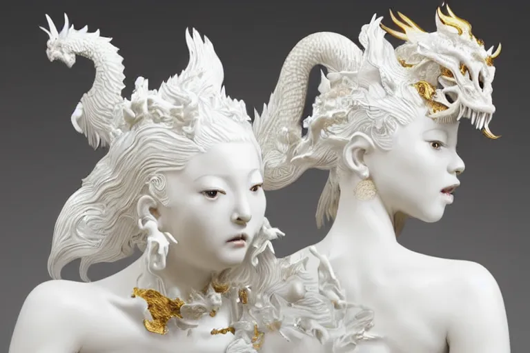 Image similar to full head and shoulders, beautiful female white, porcelain sculpture, with lots of ornate gold leaf 3 d chinese dragons attached to head by daniel arsham and james jean, on a white background, delicate facial features, white eyes, white lashes,