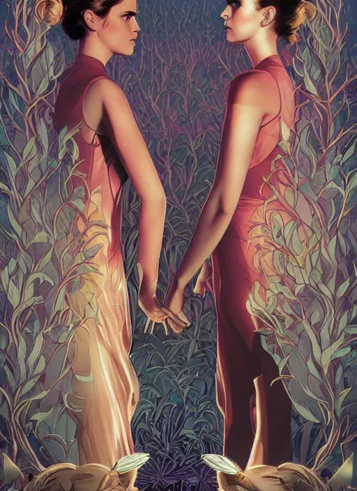 Image similar to poster artwork by Michael Whelan and Tomer Hanuka, Karol Bak Emma Watson and Kiernan Shipka in beauty pageant, from scene from Twin Peaks, clean