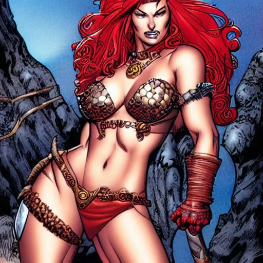 Image similar to Red Sonja portrait by J. Scott Campbell, sly smile. Rule of thirds.