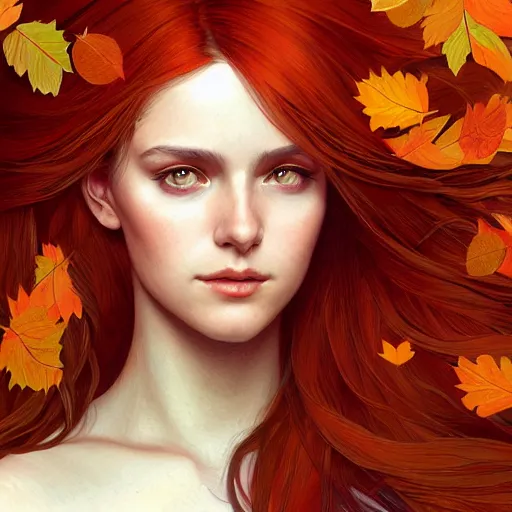 Image similar to girl with super long hair, hair becoming autumn red leaves, intricate, highly detailed, digital painting, artstation, concept art, smooth, sharp focus, illustration, unreal engine 5, 8 k, art by artgerm and greg rutkowski and alphonse mucha