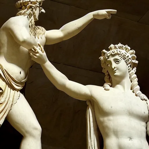 Prompt: greek statue of hera slapping greek statue of zeus
