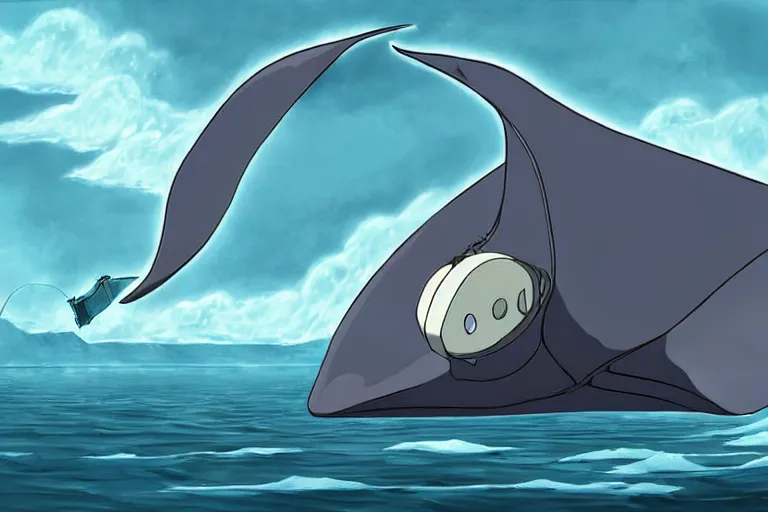 Image similar to cell shaded cartoon of a giant lovecraftian mechanized grey manta ray from howl's moving castle ( 2 0 0 4 ), in an icy river, full body, wide shot, very muted colors, post grunge, studio ghibli, highly detailed, deviantart, art by artgem