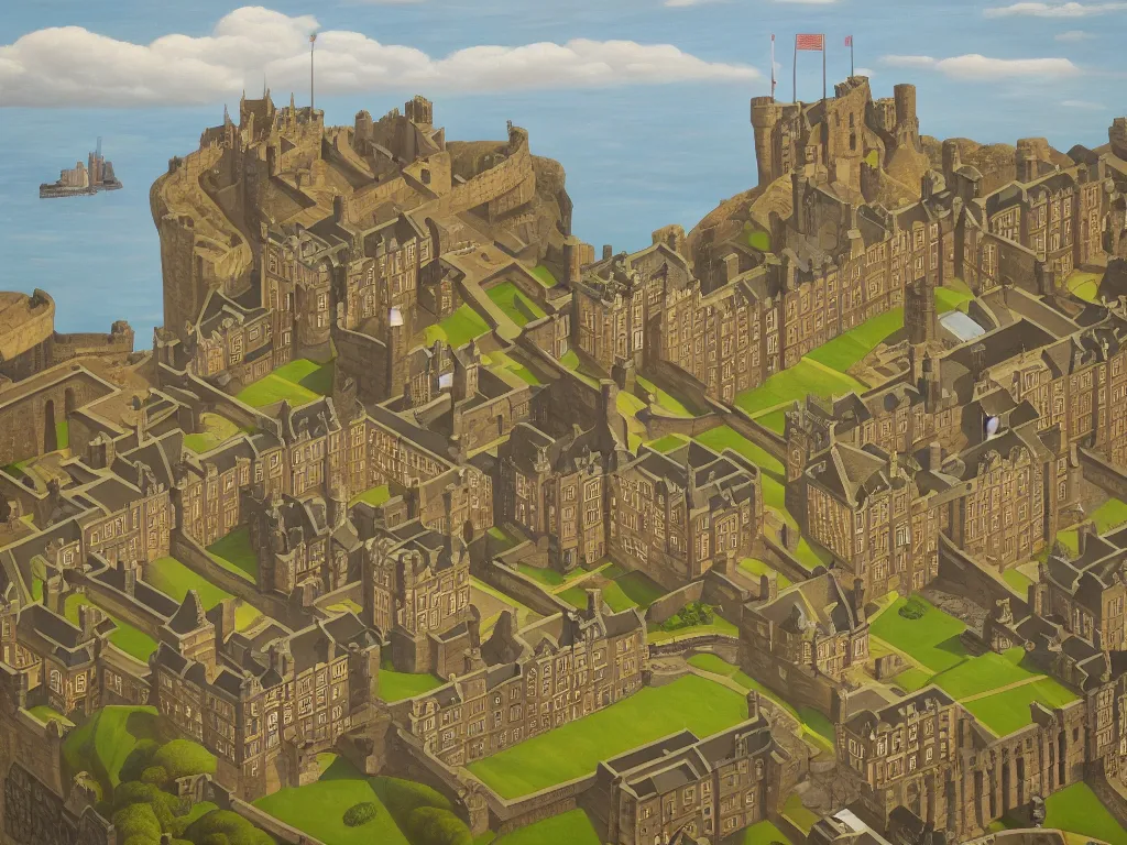 Prompt: A detailed oil painting of Edinburgh, castle, park, in the style of Michiel Schrijver, M.C. Escher surreal, isometric
