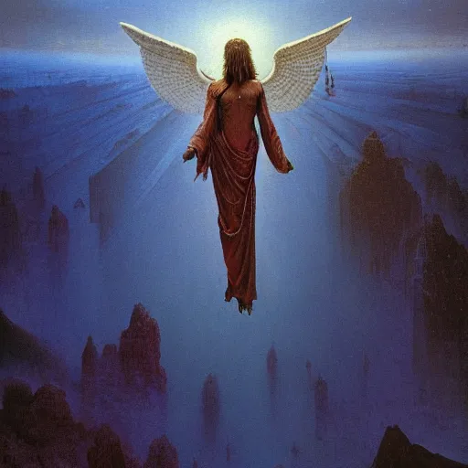 Prompt: a oil painting of a bibical angel over a fantasy valley, 4 k, high detail, by beksinski