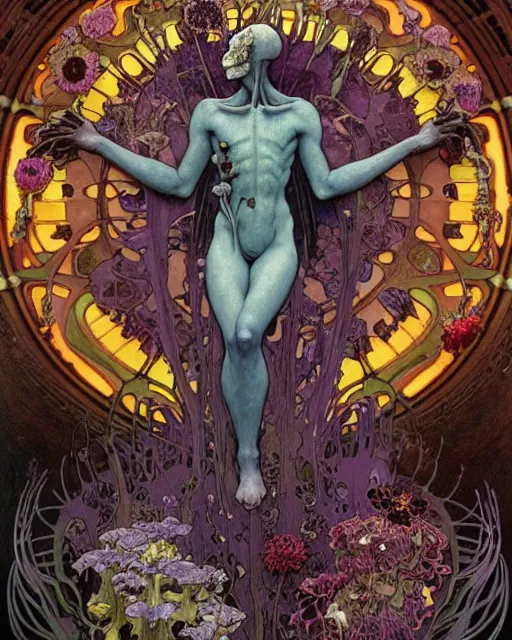 Image similar to the platonic ideal of flowers, rotting, insects and praying of cletus kasady carnage thanos davinci dementor wild hunt chtulu mandelbulb spirited away doctor manhattan bioshock, caustic, ego death, decay, dmt, psilocybin, concept art by alphonse mucha and greg rutkowski and zdzisław beksinski