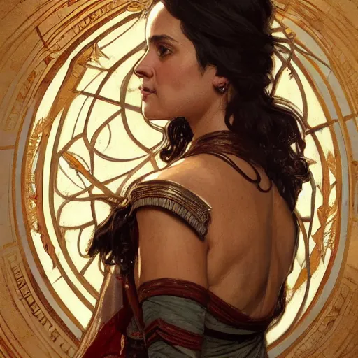 Prompt: Melissa Fumero as a noble in the Mycenaean period, intricate, highly detailed, digital painting, artstation, concept art, sharp focus, illustration, art by greg rutkowski and alphonse mucha