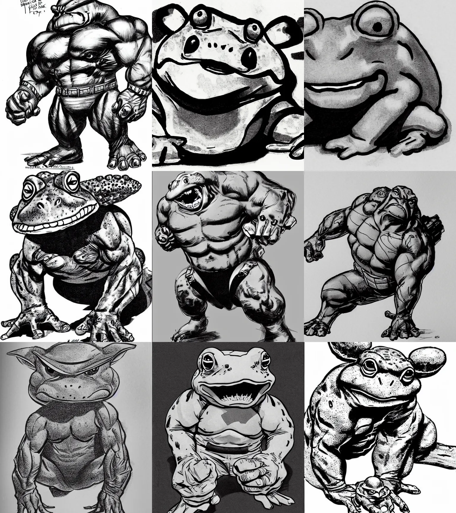 Prompt: toad animal!!! jim lee!!! medium shot!! flat grayscale ink sketch by jim lee close up in the style of jim lee, borderlands military hulk toad animal looks at the camera by jim lee