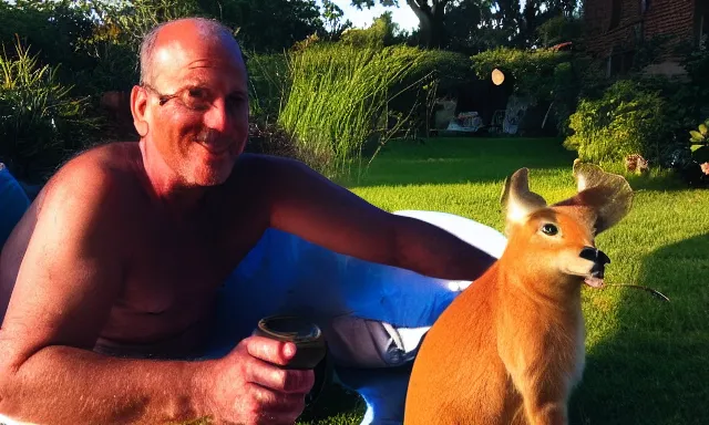 Image similar to My dad just took a hit from the bongo and have good time being gracefully relaxed in the garden, sunset lighting