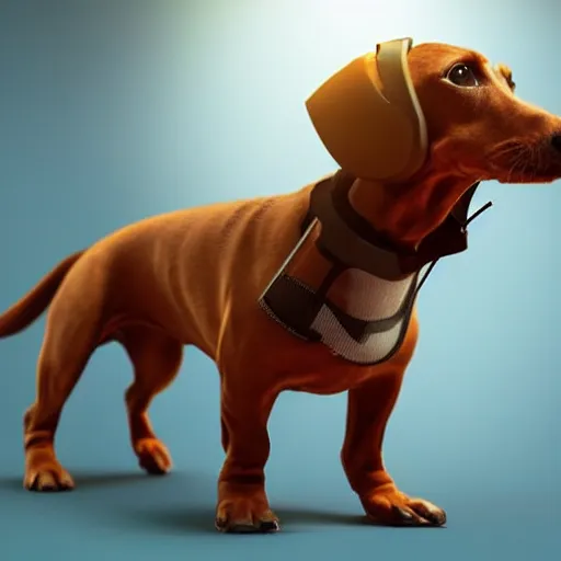 Image similar to dachshund dog wearing vr headset and htc vive trackers recording motion capture, artstation, eerie lighting, cyberpunk