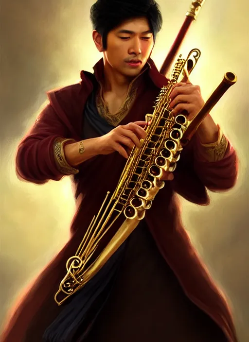 Prompt: a _ fantasy _ style _ portrait _ painting _ of asian male charismatic bard playing instrument, rpg dnd oil _ painting _ unreal _ 5 _ daz. _ rpg _ portrait _ extremely _ detailed _ artgerm _ greg _ rutkowski _ greg