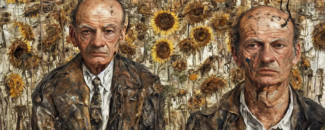 Prompt: a close up painting of a very ordinary person, by Anselm Kiefer, by Lucian Freud, rotting sunflowers, rusted metal, Scaffolding, iron cladding, decay, mixed media, textured, anatomically correct, beautiful perfect face, sharp focus, Highly Detailed