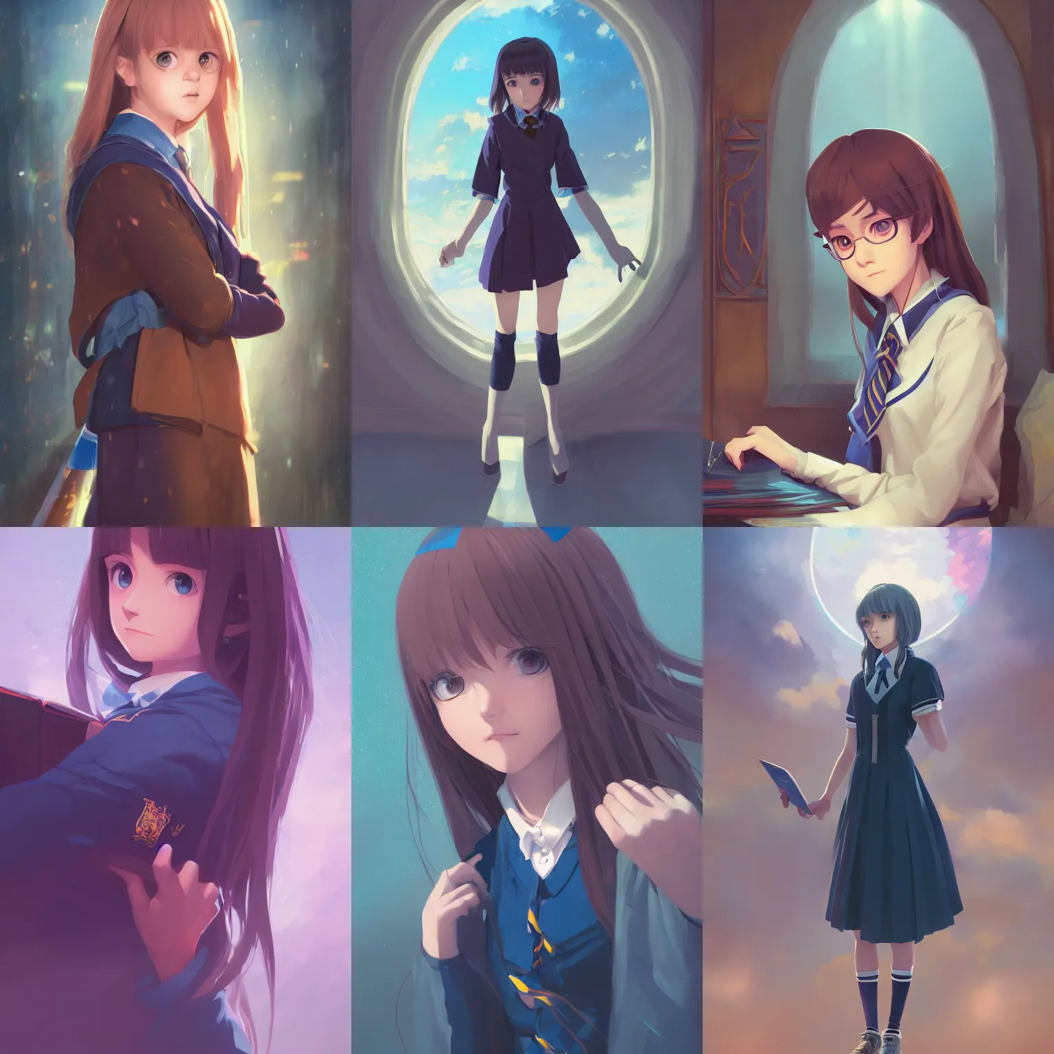 Prompt: a portrait of a cute young female Ravenclaw student, Hogwarts setting, vivid colors, soft lighting, atmospheric, cinematic, moody, in the style of Ilya Kuvshinov and Range Murata, Krenz Cushart, rule of thirds, oil on canvas, 8k