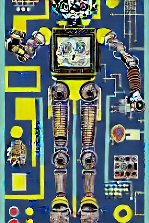 Image similar to a diagram of a robot body with various parts, cyberpunk art by eduardo paolozzi, behance contest winner, computer art, greeble, steampunk, poster art, james turrell, robert rauschenberg, andy warhol, pop art, czechoslovakia, surrealism, milton glaser, graphic design