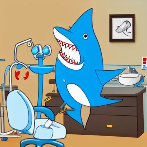 Image similar to cartoon shark having dental work in the dentist chair