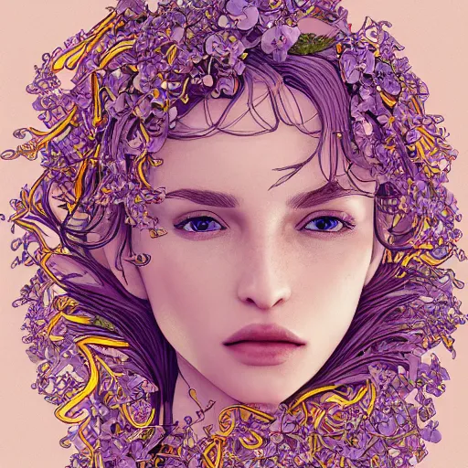 Image similar to the head of an incredibly elegant and beautiful woman partially made of potatoes and violets, an ultrafine detailed illustration by james jean, final fantasy, intricate linework, bright colors, behance contest winner, vanitas, angular, altermodern, unreal engine 5 highly rendered, global illumination, radiant light, detailed and intricate environment