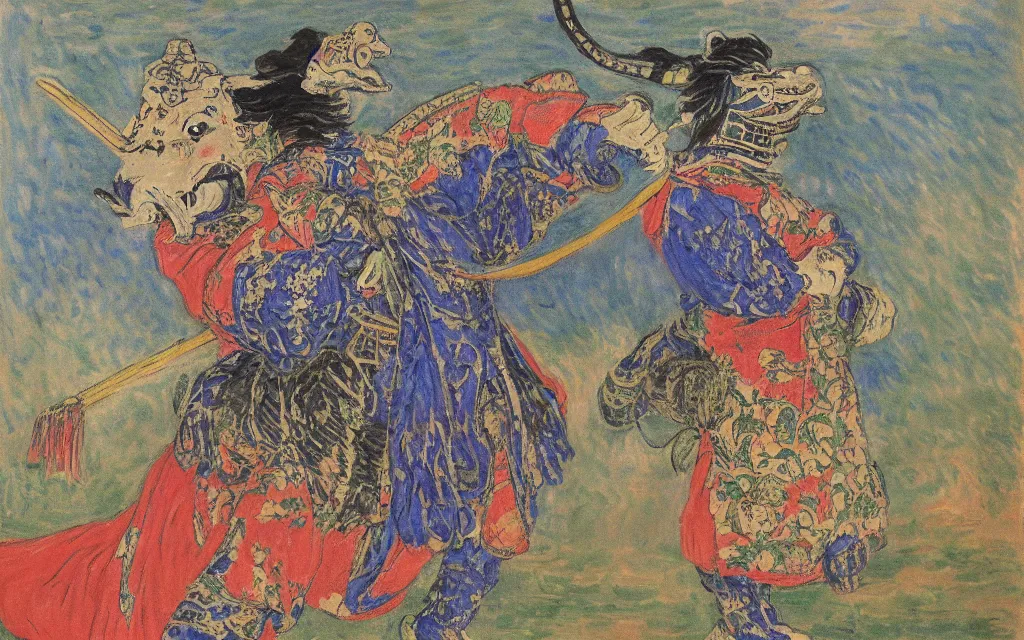 Prompt: a magical fantastic samurai with a crocodile mask by monet, with animal clients lining up in front, made with millions of stroke, wonderful details, crazy colors 1 0 %, pale sober colors 9 0 %