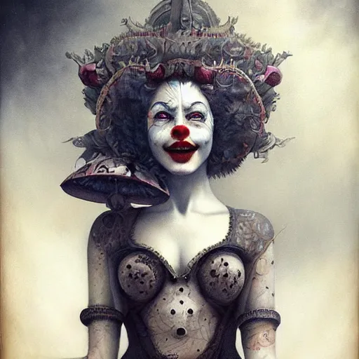 Image similar to By Tom Bagshaw, ultra realist soft painting of a curiosities carnival by night, Female Clown big smile long tongue dirty teeth and dressed, horror, omnious sky, symmetry accurate features, very intricate details, black and white, volumetric light clouds