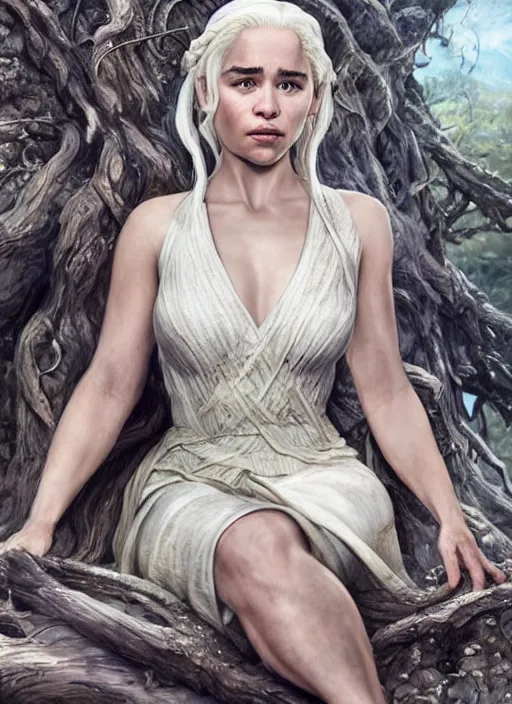 Prompt: Emilia Clarke as Daenerys Targaryen taking a rest under tree after an long adventure, a ruggedly muscled handsome heroine, intricate, elegant, highly detailed, centered, digital painting, artstation, concept art, smooth, sharp focus, illustration, artgerm, donato giancola, Joseph Christian Leyendecker, WLOP, Artgerm, thunder storm