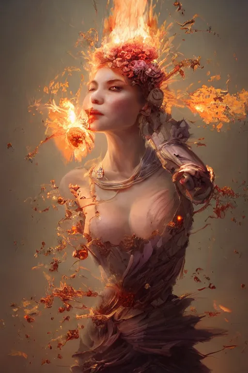 Image similar to beautiful girl necromancer, witch - doctor exploding into flowers fire crystal dress, angels, 3 d render, hyper - realistic detailed portrait, holding fire and electricity, ruan jia, wlop. scifi, fantasy, magic the gathering, hyper detailed, octane render, concept art by artgerm, peter mohrbacher