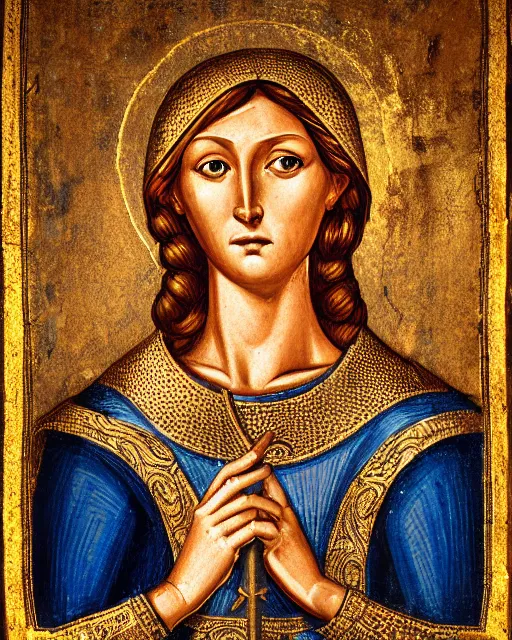 Prompt: byzantine fresco portrait of woman in shining golden armor, high production value, intricate details, high resolution, hdr, high definition, masterpiece, realistic, ultrarealistic, highly detailed, hd, sharp focus, non blurry, sharp, smooth