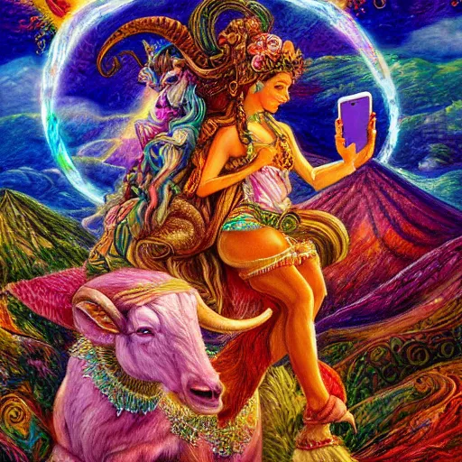 Image similar to a painting by josephine wall depicting a goddess riding a ram while checking her cell phone, erupting volcano and sunrise in distance in background, flowers in foreground, acrylic on canvas, intricately detailed, high resolution, trending on artstation