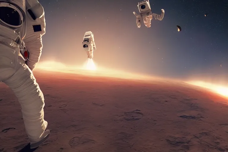 Image similar to astronaut aims a gun at a second astronaut, with earth in the background, unreal engine 5