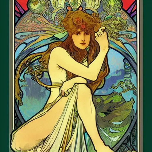 Image similar to Metroid by Alphonse Mucha, high detail, peaceful colors, tarot card