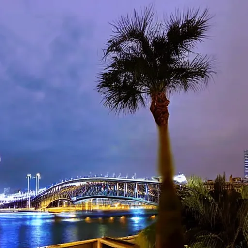 Prompt: blue hour, mostly cloudy sky, palm trees, bridge, curved bridge, dusk, 2 4 0 p footage, 2 0 0 6 youtube video, 2 0 0 6 photograph, home video